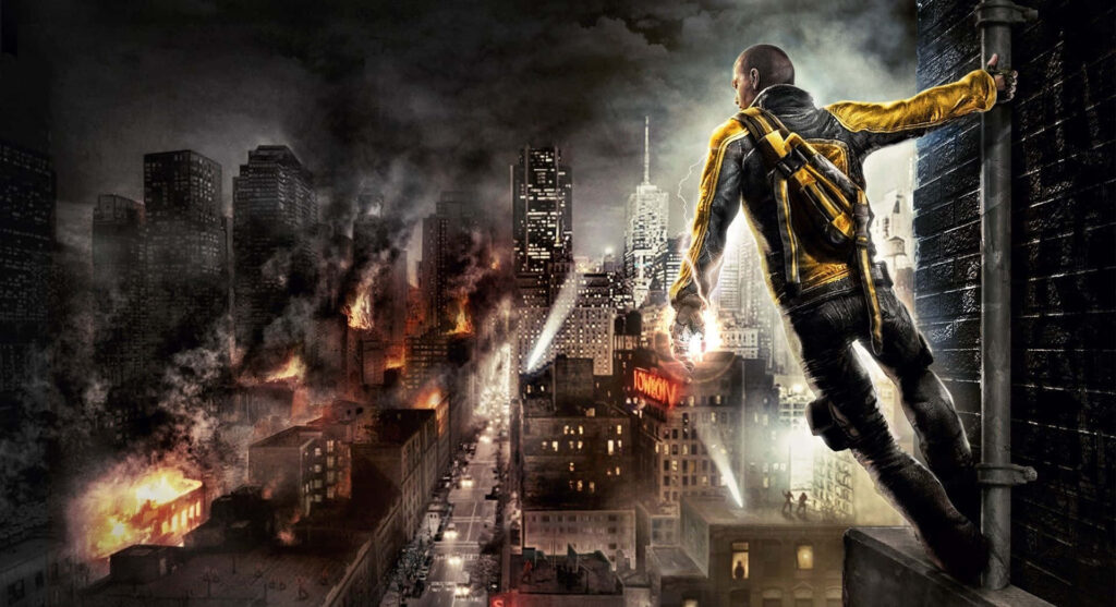 Infamous Protagonist Scaling Building in Fiery Urban Wallpaper