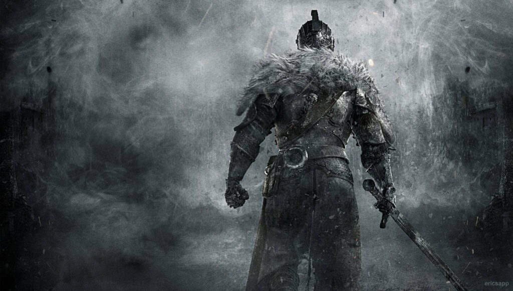 Warrior of Shadows: A Majestic Fantasy Encounter amidst Hell's Dark Depths Wallpaper
