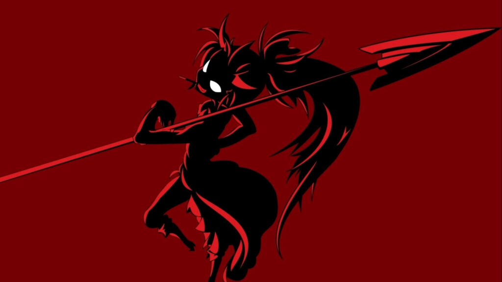 Smirking Devil Princess Wields Dory Spear in Fiery Backdrop Wallpaper