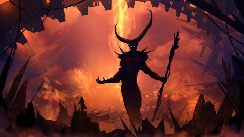 Infernal Domination: Evocative 3840x2160 Digital Art Showcasing a Fiery Hell Ruled by a Sinister Devil Silhouette - Ideal for Monitor Backgrounds Wallpaper