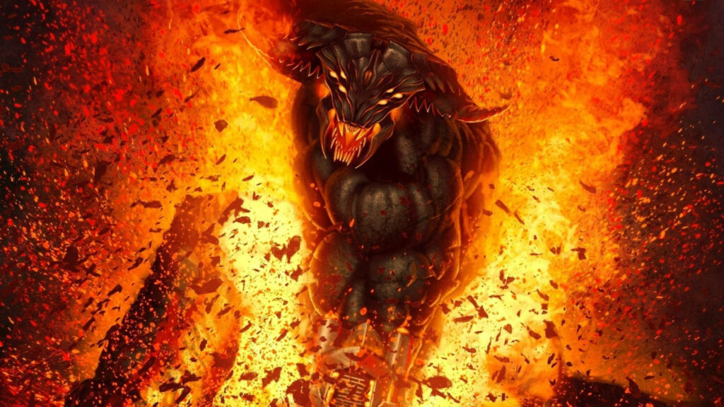 Furious Inferno: Powerful Black Demon Unleashing Vengeance in a Fiery Cosmos Wallpaper