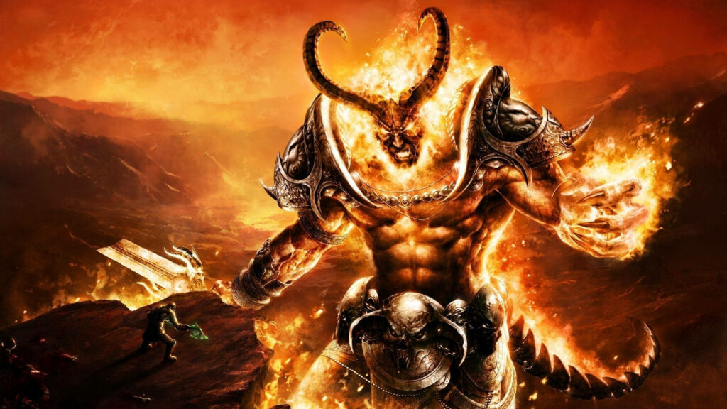 Hell's Fiery Sentinel: A Menacing Devil Guards the Gates Wallpaper