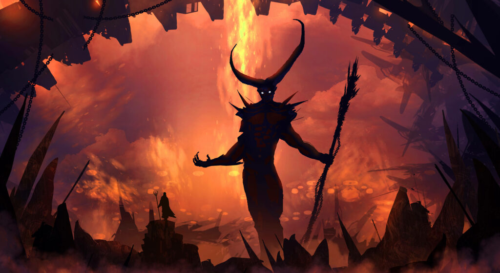 Apocalyptic Encounter: Fiery Devil Silhouette Brandishing his Staff Amidst Ruins - Captivating 4K Devil Wallpaper