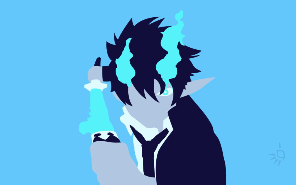 Blazing Blue Exorcist: Rin Okumura Wields Fiery Horns and Sword in Otherworldly Background Wallpaper