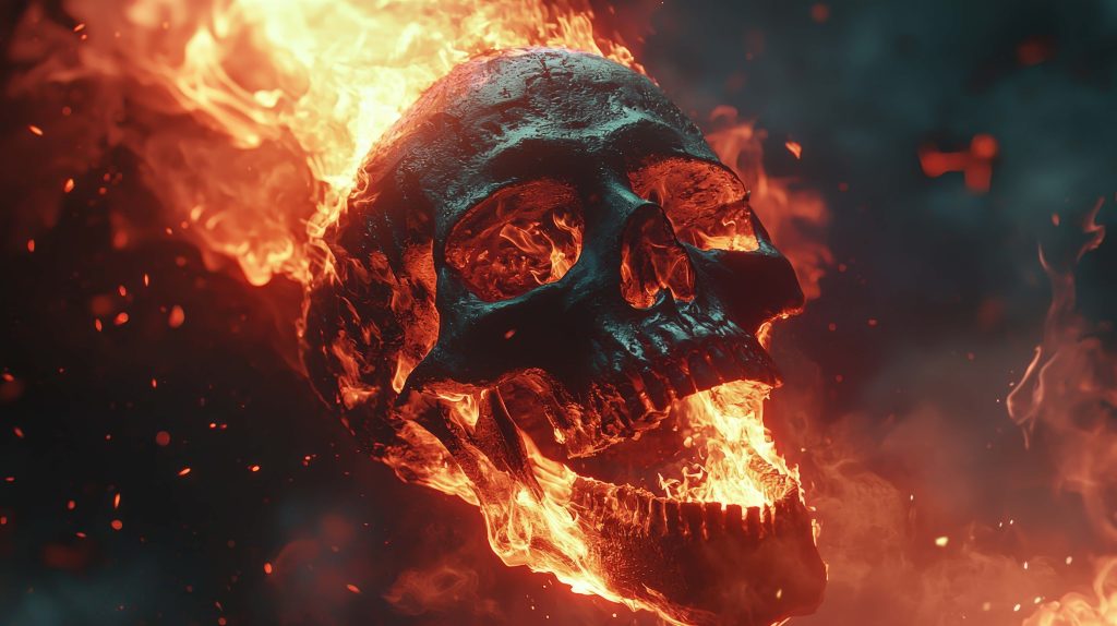 Sinister human skull engulfed in roaring flames dark smoky background cinematic art wallpaper
