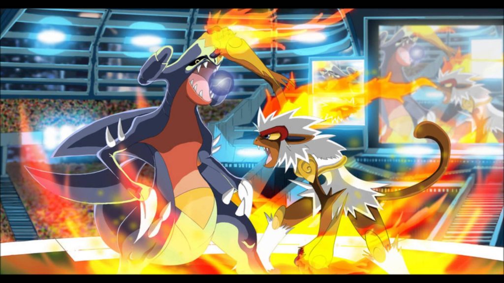 Infernape vs Garchomp intense Pokemon battle anime wallpaper with glowing flames and arena lighting