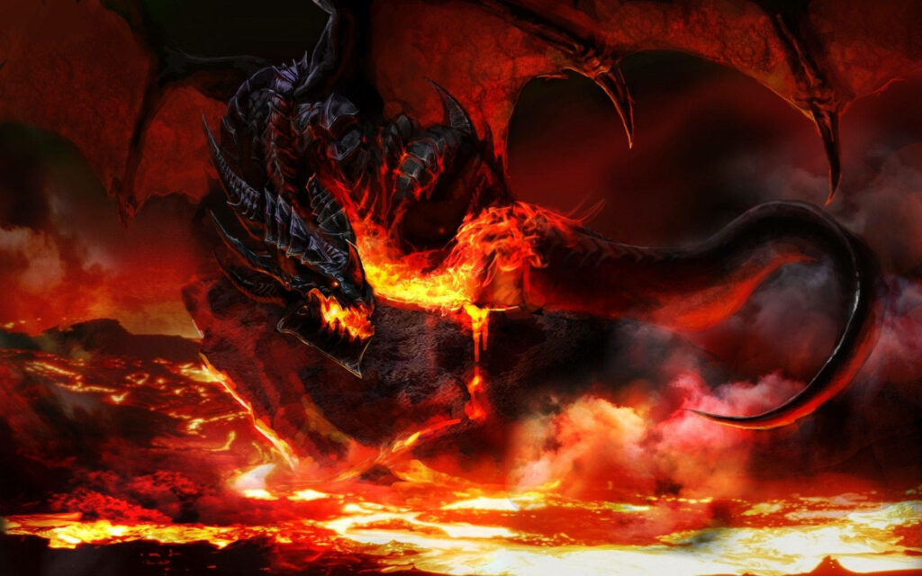 The Fiery Lair: A Majestic Black Dragon Reigns in the Heart of Volcanic Heat Wallpaper