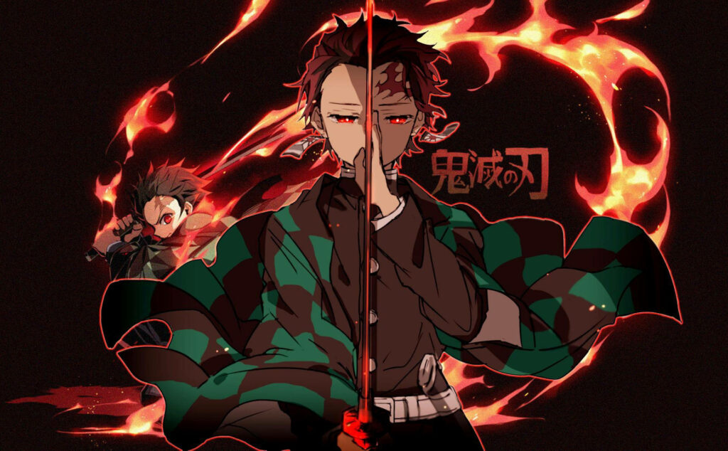 Burning Resolve: Tanjiro Kamado Harnesses Flames to Unleash His Technique with the Emblem of the Demon Slayer Wallpaper