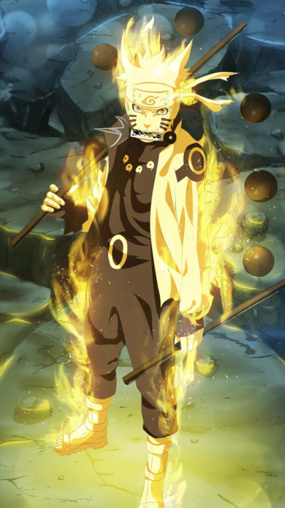 Blazing Power of Naruto: A Fiery Six Paths Mode Captured on Phone Background Wallpaper