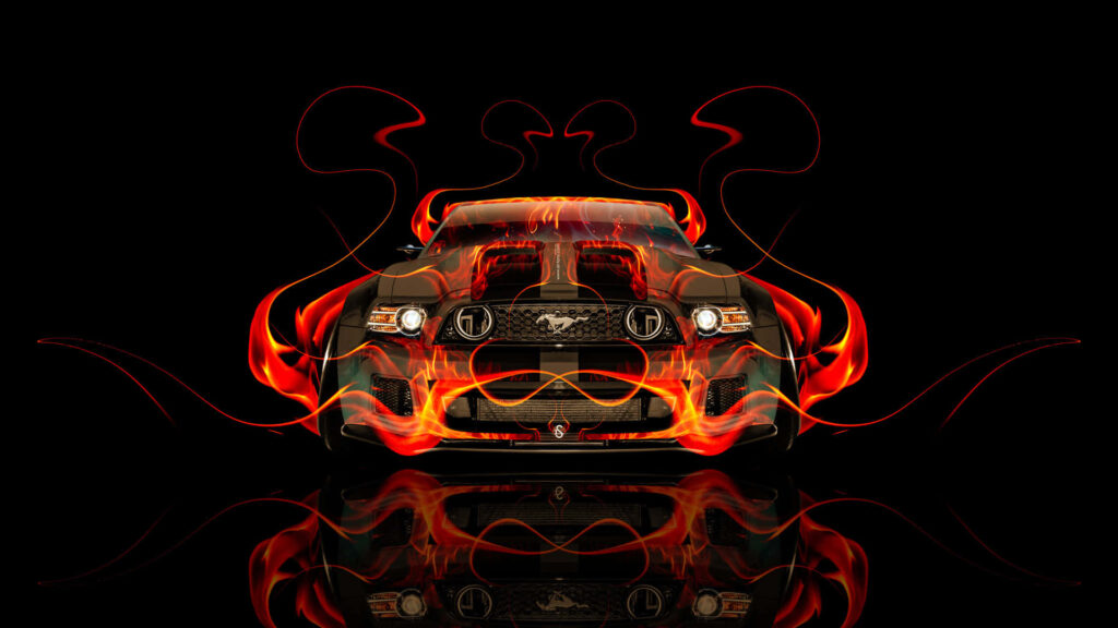 Blazing Wheels: A Striking Image of a Flaming Car Amidst the Shadows Wallpaper