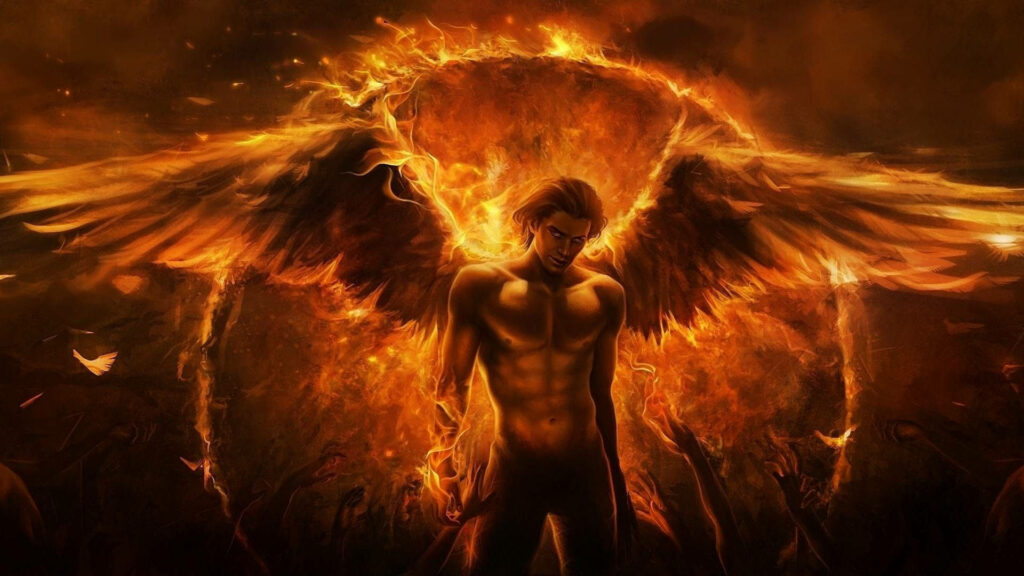 Infernal Temptation: A Majestic Demon Unleashing Fiery Wings amidst an Enigmatic Abyss, Grasped by Desperate Hands Wallpaper