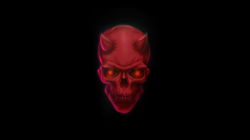 Fierce Fiend: Striking Red Skull Against Enigmatic Dark Backdrop Wallpaper