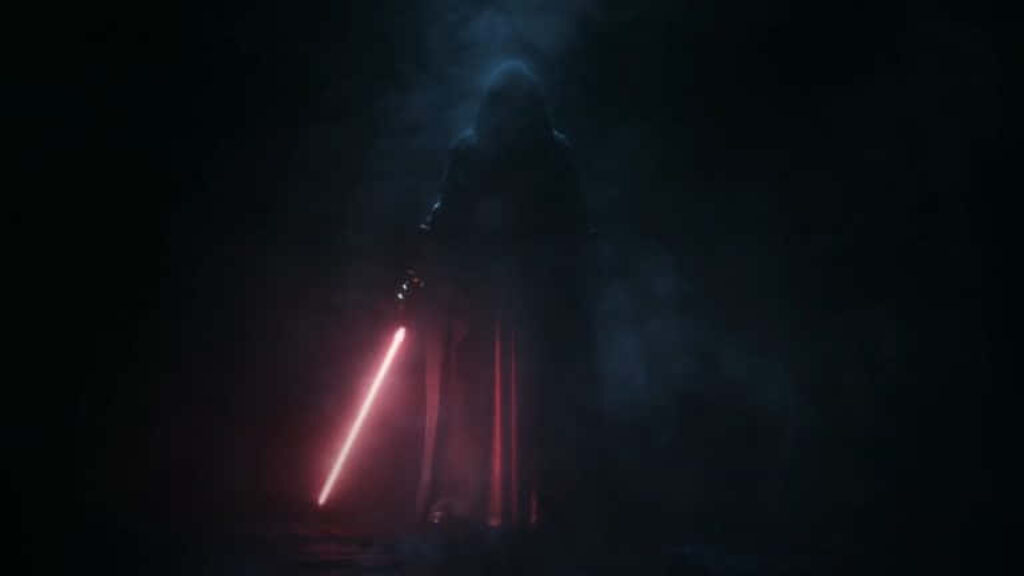 Darth Vader With His Fiery Lightsaber Amidst Dark Ambiance Wallpaper