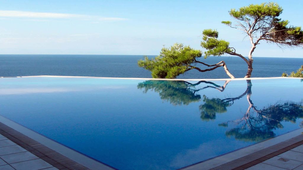 Infinity-edge pool with clear water reflecting pine tree overlooking calm deep blue sea daytime Wallpaper