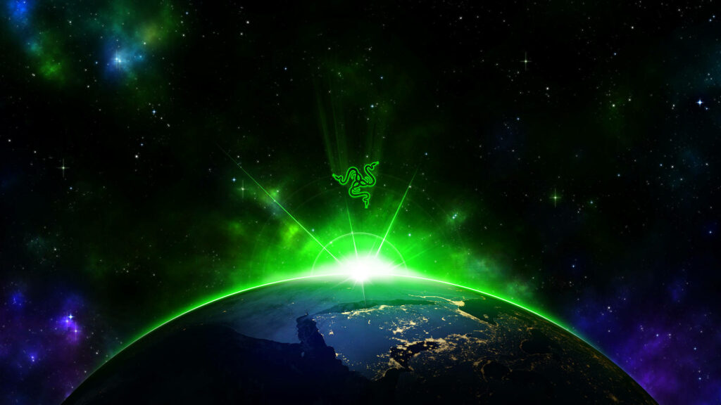 Gaming Universe: Razer PC Logo Ascends over the Earth, Illuminating the Neon Green Horizon Wallpaper