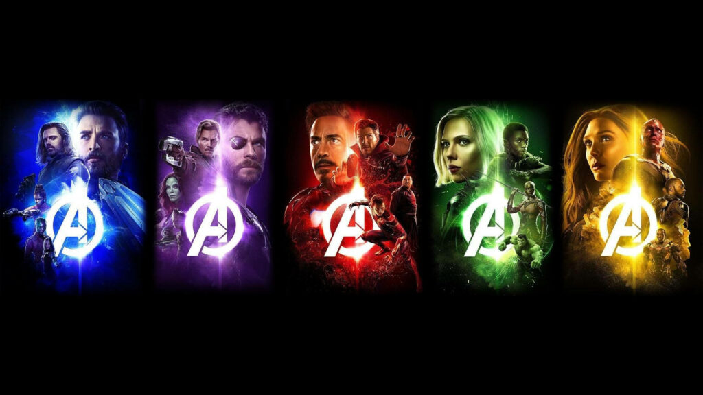 Avengers Infinity War wallpaper vibrant characters color themed powers black background logo