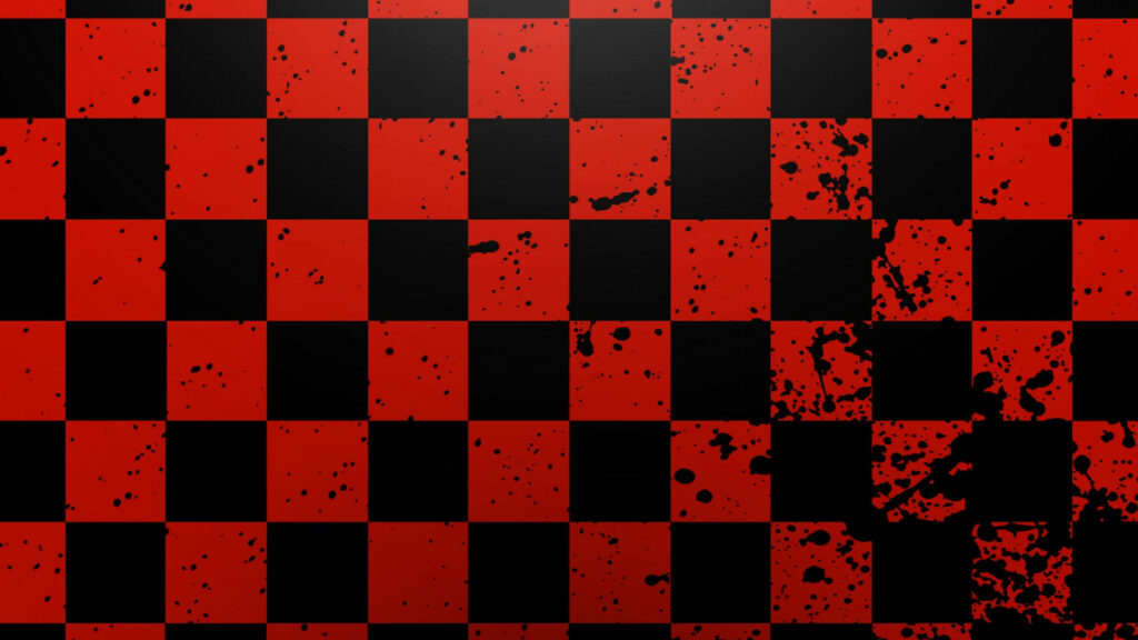Abstract Chaos meets Classic Style: An Eye-Catching Black and Red Checkered Wallpaper with Artistic Black Paint Splatters