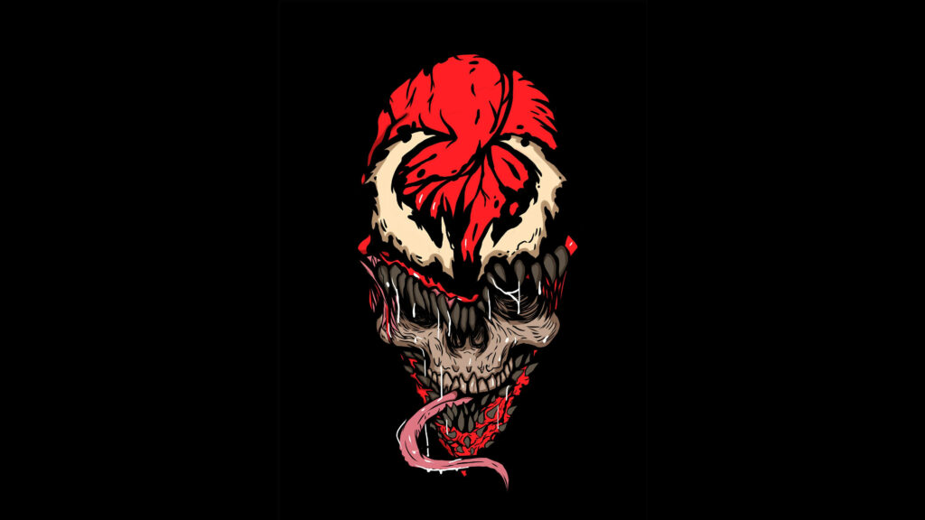 Fierce Symbiote: Carnage's Menacing Visage Roaring from the Shadows Wallpaper