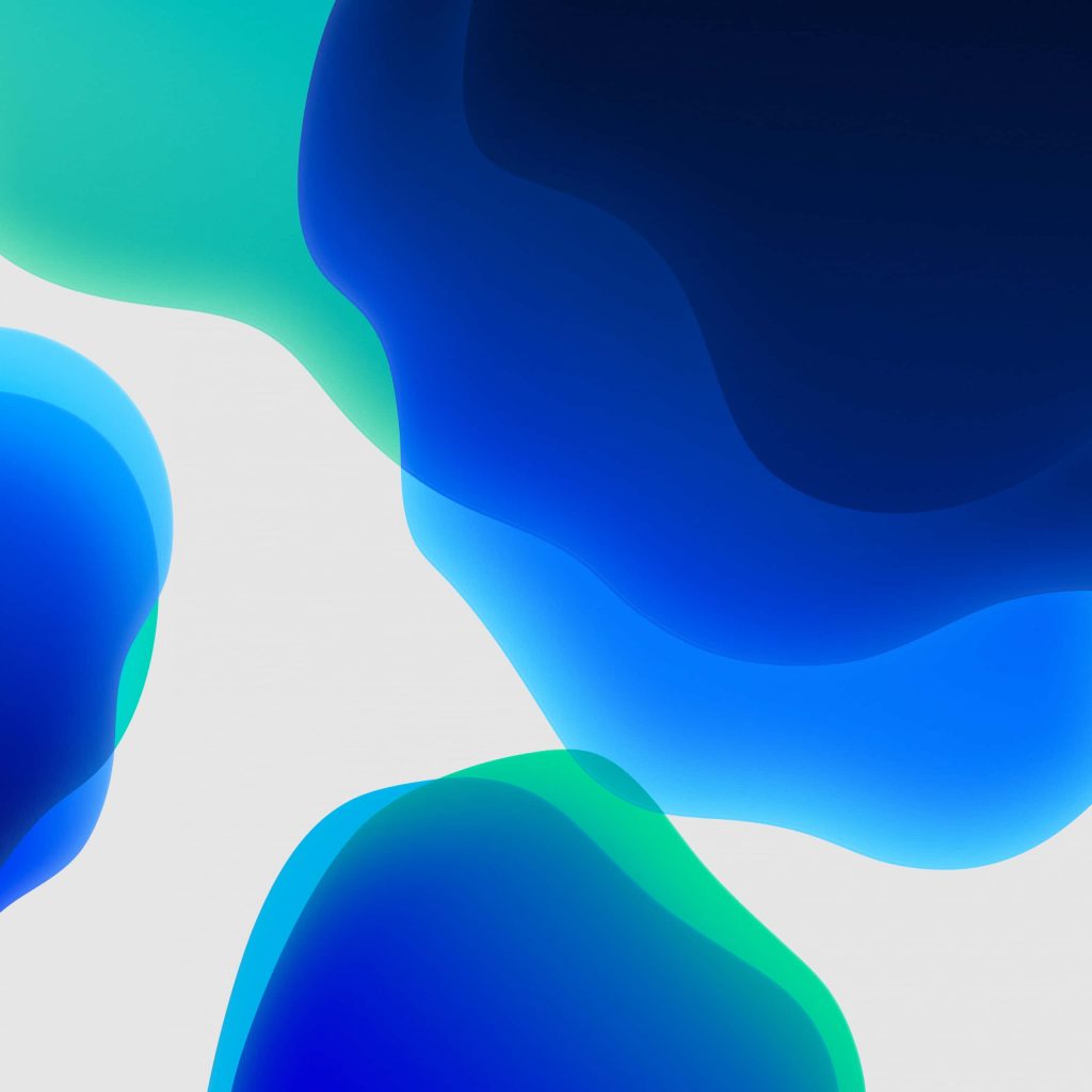 Abstract iOS 13 wallpaper with fluid blue cyan teal shapes on a light gray minimalist background