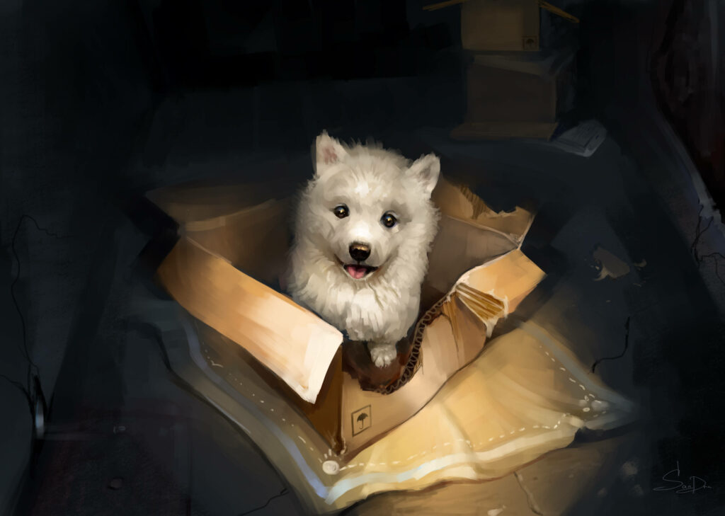 Bundled Joy: A Pawsitively Charming White Puppy Captured in a Box Wallpaper
