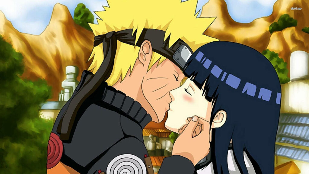 Blushing Love: Naruto and Hinata's Adorable Anime Kiss Wallpaper