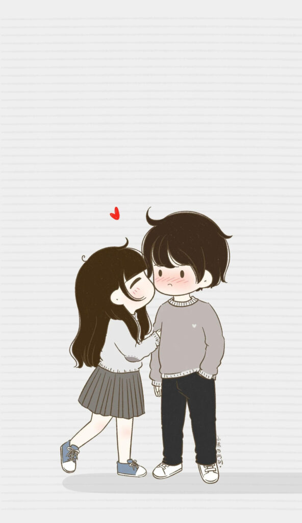 Adorable Cartoon Lovebirds: A Playful Smooch Between a Bashful Boy and Sweet Girl – Charming Couple Cartoon Background Picture Wallpaper