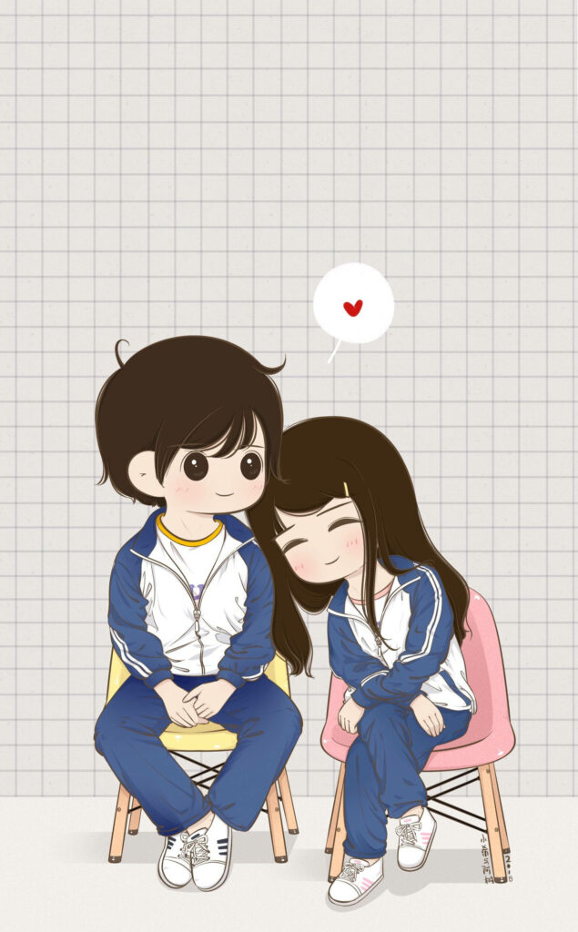 Chibi Lovebirds: A Whimsical High School Romance Wallpaper