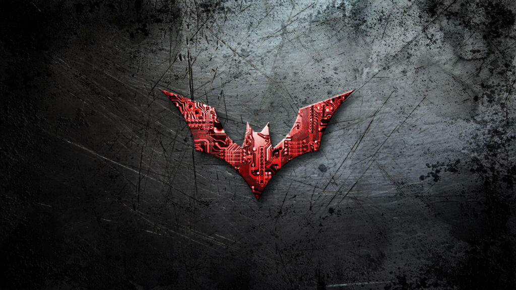 Technological Fusion: Batman's Iconic Logo Merges with Red Microchip on a Distressed Grey Canvas - Striking 4k Wallpaper!