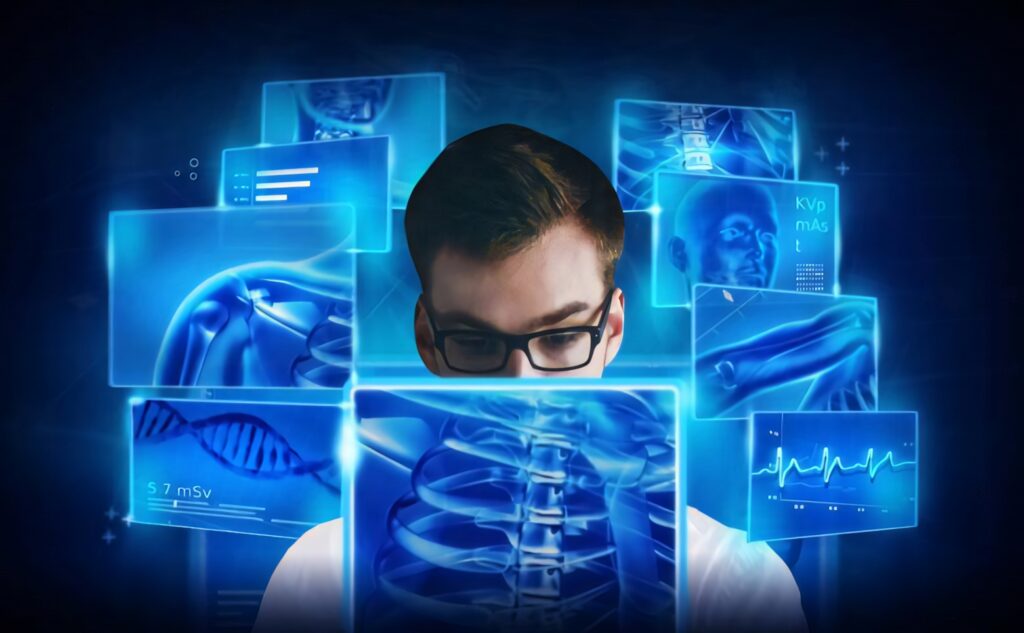 Doctor analyzing digital medical scans and holograms in blue high-tech healthcare environment Wallpaper