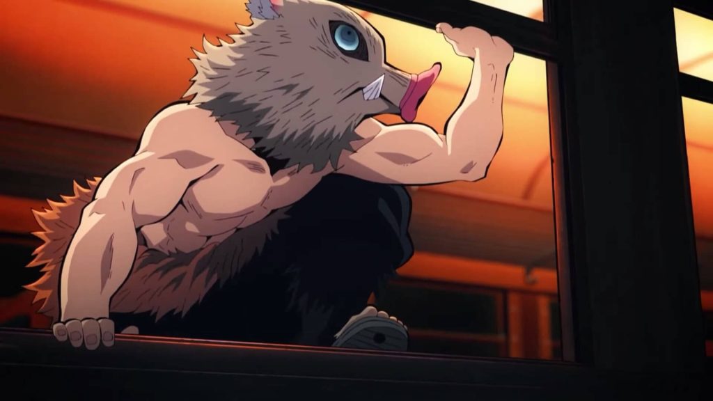Inosuke Hashibira Demon Slayer muscular wild warrior boar mask anime wallpaper train window