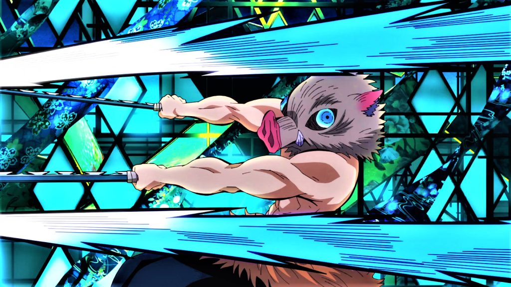 Inosuke Hashibira Demon Slayer wallpaper dynamic double sword slash blue motion lines anime art