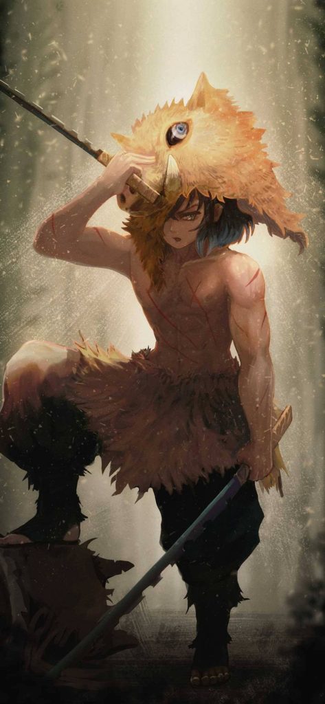 Demon Slayer Inosuke Hashibira boar mask with Nichirin swords misty waterfall wallpaper