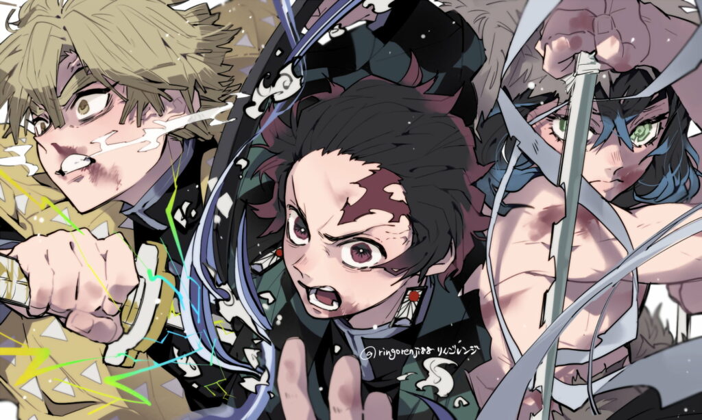 Demon Slayer anime wallpaper with Tanjiro Zenitsu and Inosuke in fierce battle pose