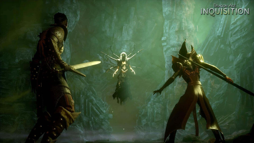 Dragon Age: Inquisition Trio in Epic Cave Wallpaper - High-Res Fantasy Game Logo Art