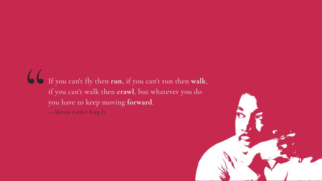 Stylized white duotone Martin Luther King Jr. portrait with inspirational quote on raspberry red background Wallpaper