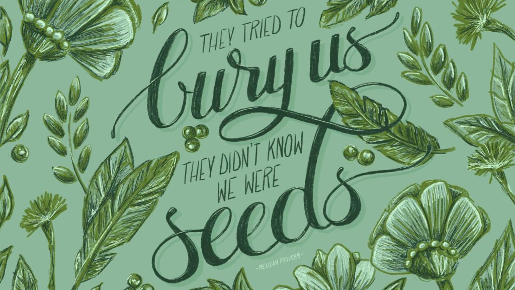Sage green desktop wallpaper with hand-drawn leaves flowers and inspirational seed quote