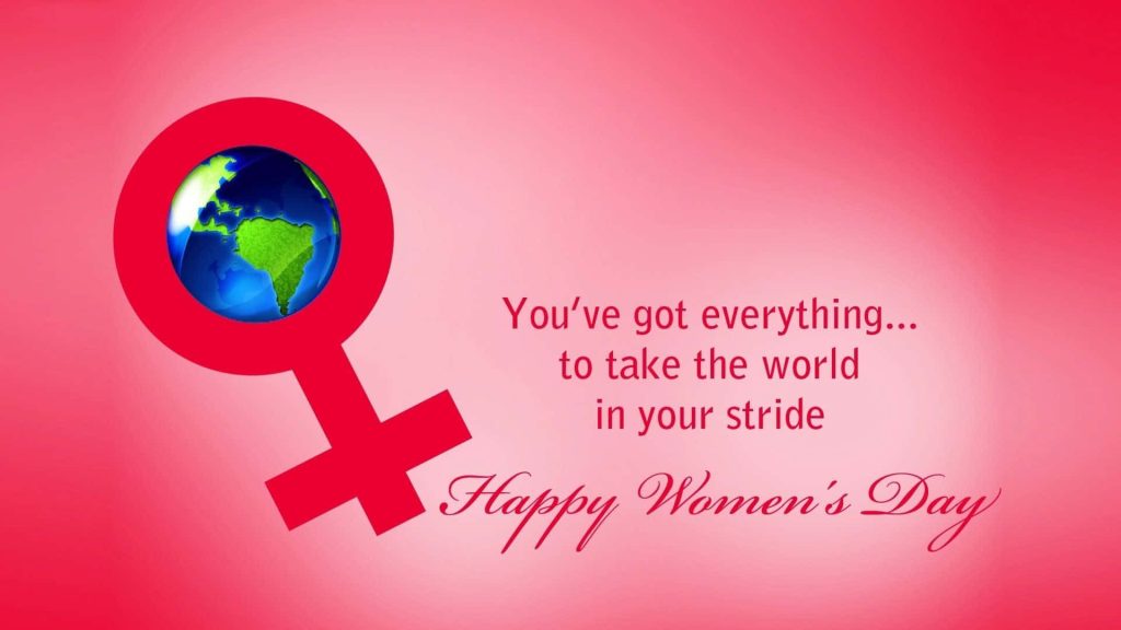 Inspirational Womens Day wallpaper red female gender symbol embracing Earth with empowering message