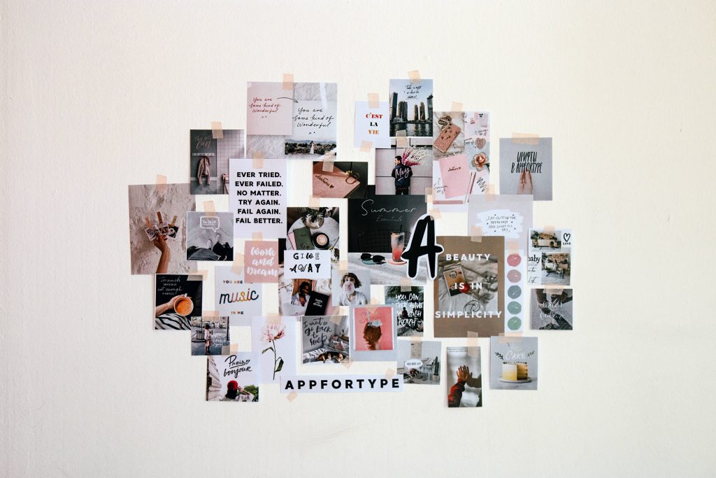 Mood board collage wallpaper with motivational quotes lifestyle photos artistic modern vibe