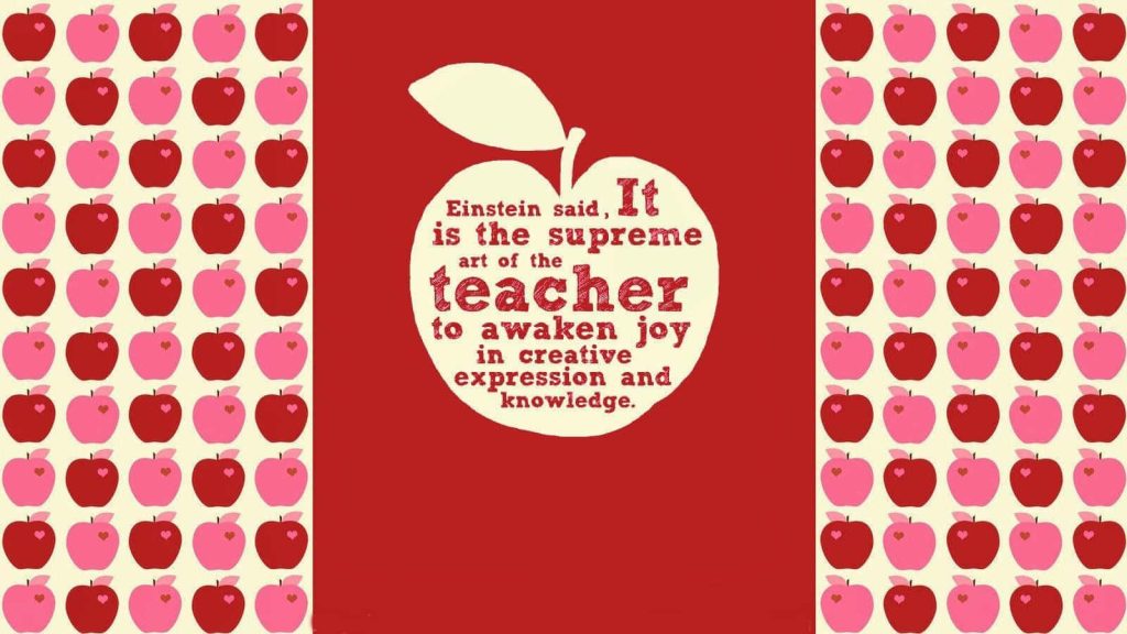 Cute teacher wallpaper with Albert Einstein quote apple design red background creative joy