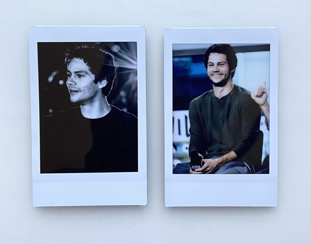 Instax Dylan OBrien wallpaper with black and white candid photo and colorful smiling interview shot