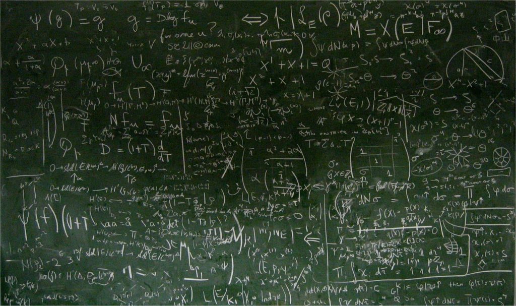 Detailed blackboard with complex math and physics equations in white chalk on dark green surface Wallpaper