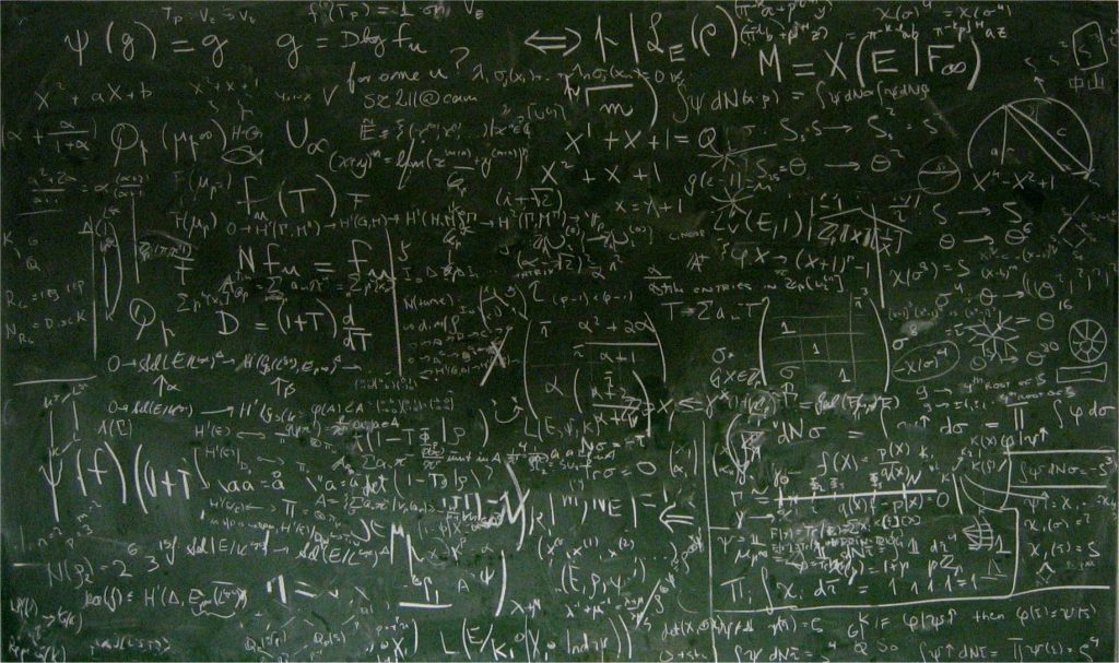 Chalkboard math wallpaper with complex equations formulas and geometric diagrams in white chalk