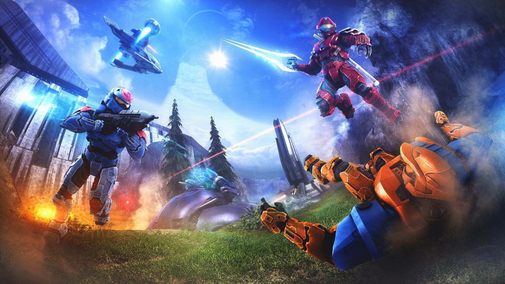 Epic 4K Halo battle scene with Spartans red blue orange armor UNSC Pelican Banshee Halo ring background Wallpaper