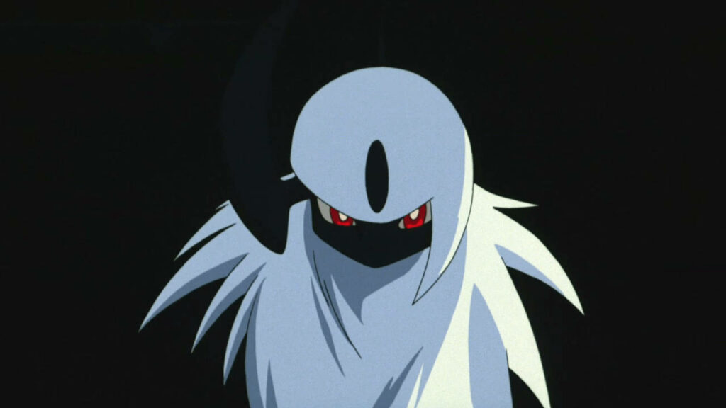 Absol Pokémon intense anime style with sharp white fur and red eyes on dark wallpaper background