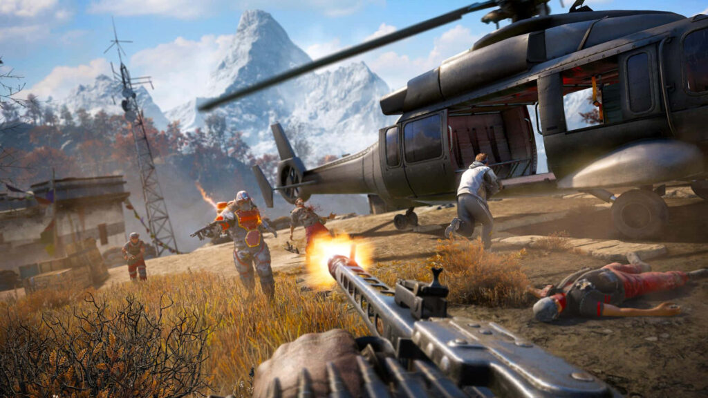 Intense Gameplay in Far Cry 4: Engaging Combat near a Helicopter Wallpaper