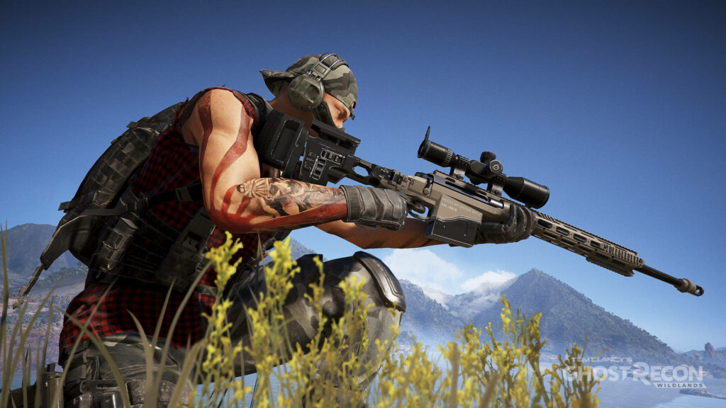 Revealing the Intensity: Tattooed Marksman Takes Aim in Tom Clancy's Ghost Recon Wildlands Wallpaper