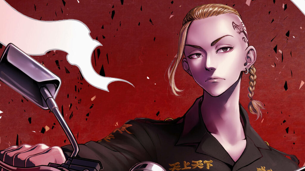 Solemnly Captivating: A Striking Draken of Tokyo Revengers Amidst Crimson backdrop Wallpaper