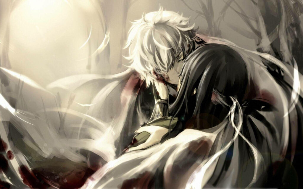 Passionate Embrace in a World of Battle: A Scarred Hero Shares Love amidst Chaos Wallpaper
