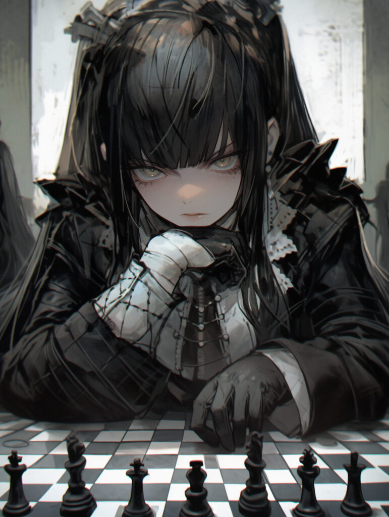 Anime Girl with Dark Hair Intently Playing Chess - Monochrome Wallpaper