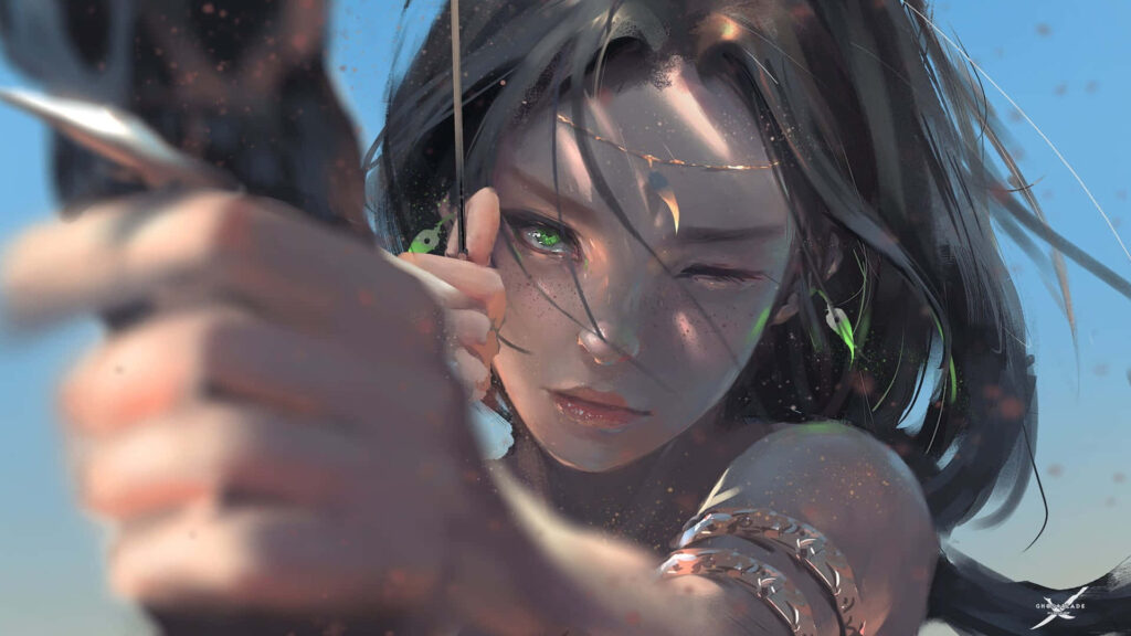 Close-Up Anime Girl with Bow and Arrow - Dynamic Art Wallpaper